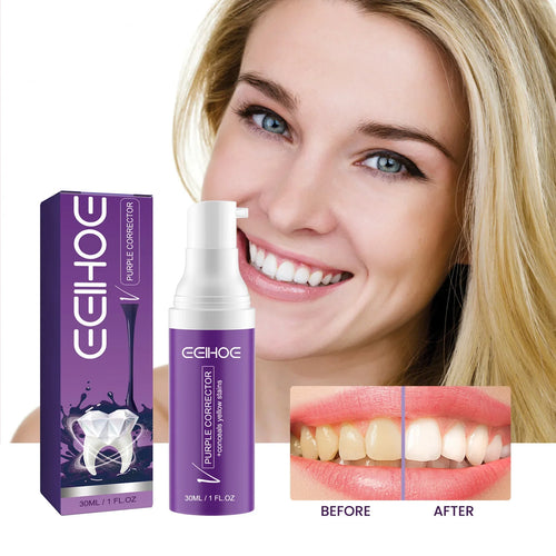 Ebihoe purple teeth correction product with a woman's smile showing before and after results.